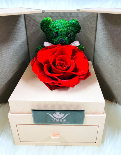 Deluxe Drawer Box with three Preserved Roses | Rose and Bear